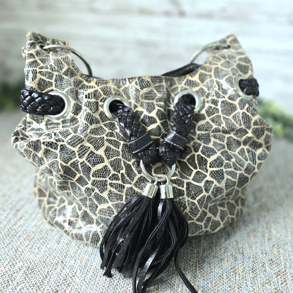 Bueno Animal Print Hobo Slouch Handbag | tassle embellishment * crackle finish
